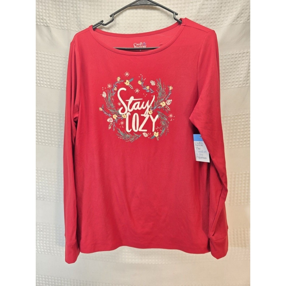 Croft & Barrow Pajama Top Womens Small Red Holiday Christmas Stay Cozy Wreath